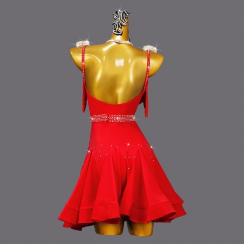 Custom size red color competition diamond latin dance dresses for girls kids fringe salsa samba chacha rumba performance costumes for children